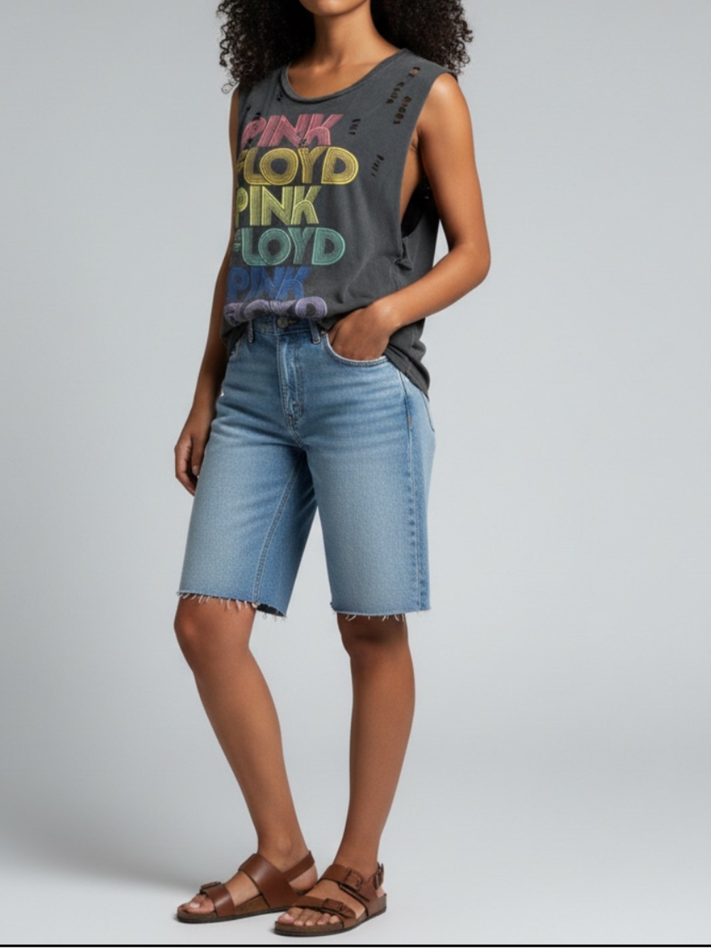 Pink Floyd Distressed Deconstructed Gray Rocker Tank Top